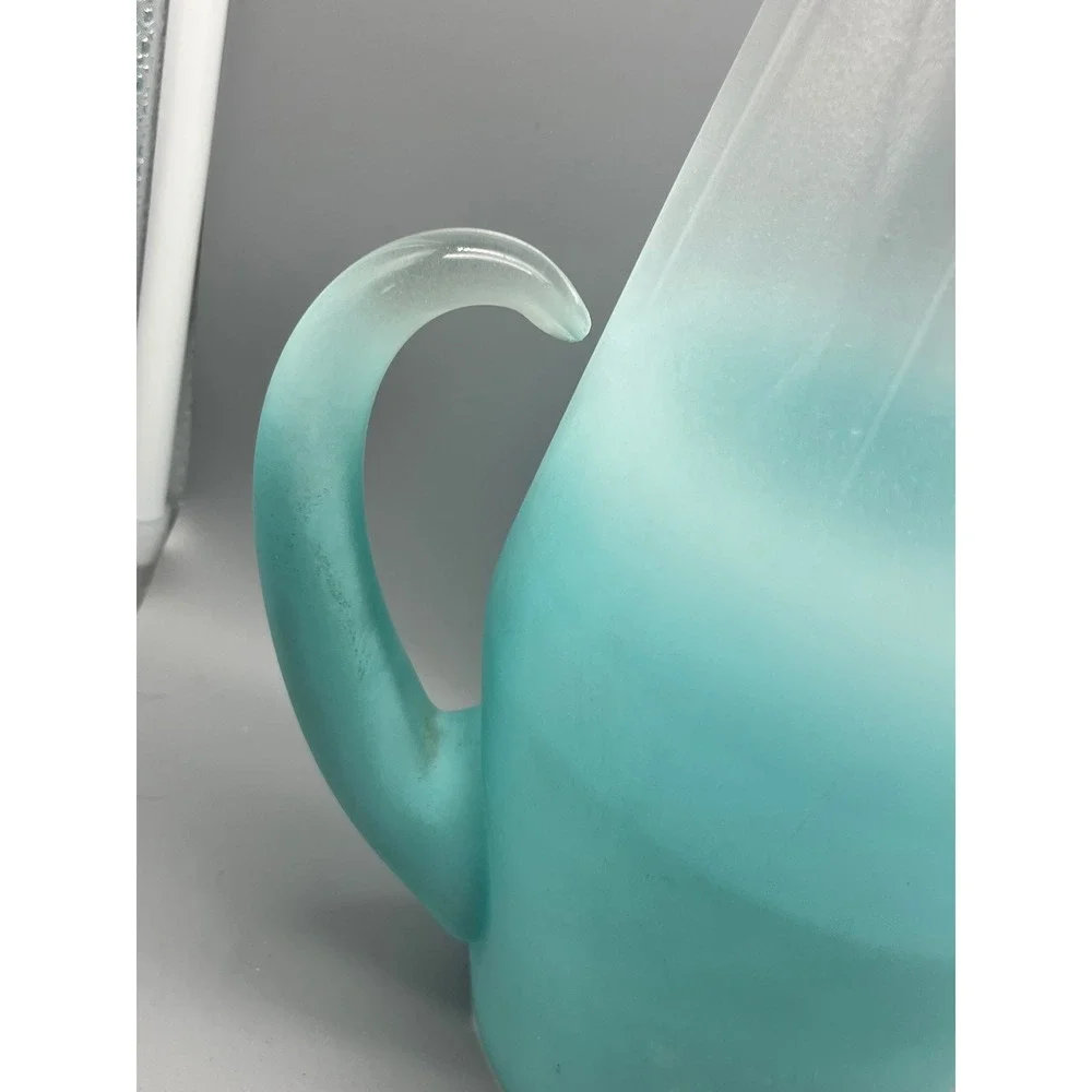Vtg Blendo Glass Pitcher Frosted Turquoise MCM Vintage 1950 Gold Trim‎ W.V.